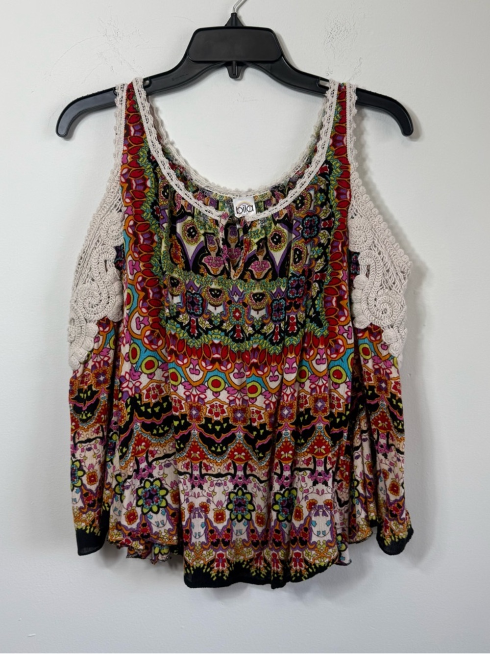 BILA Boho Cold Shoulder Crochet Bell Sleeve Top Mandala Print Vibrant Medium